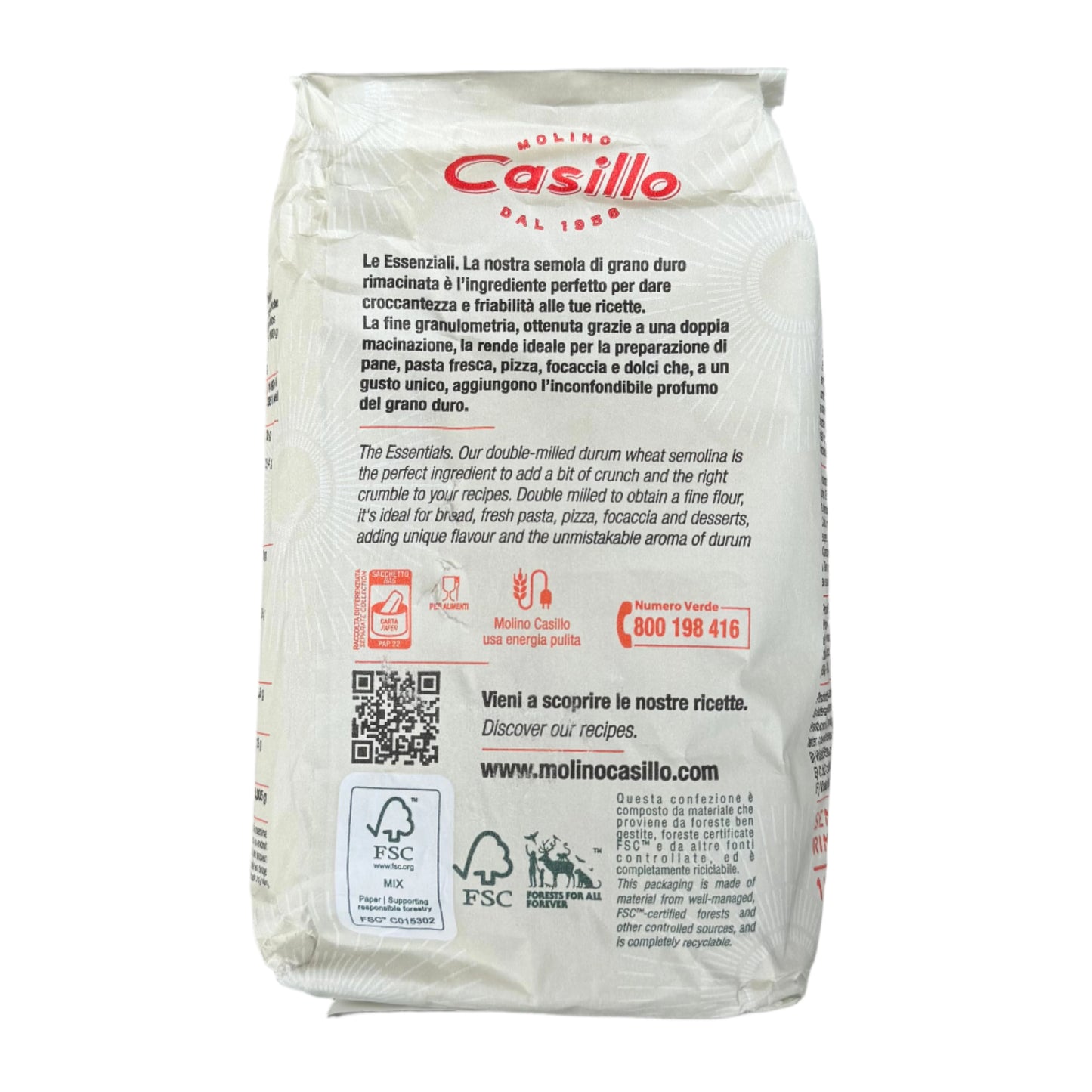 Casillo Semola Rimacinata - Semolina - 1kg Bags - for pizzas