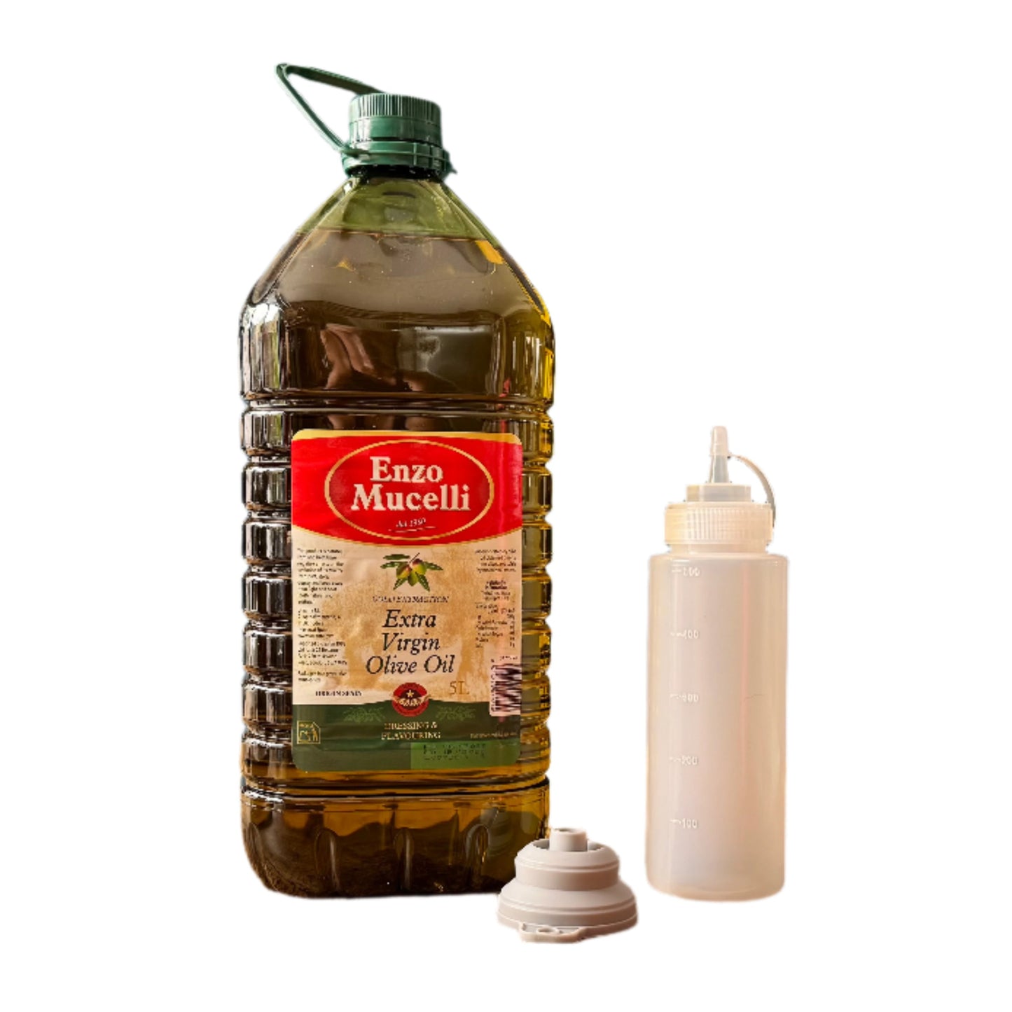 Enzo Mucelli olive oil bottle on a wooden table with a blue wall in the background