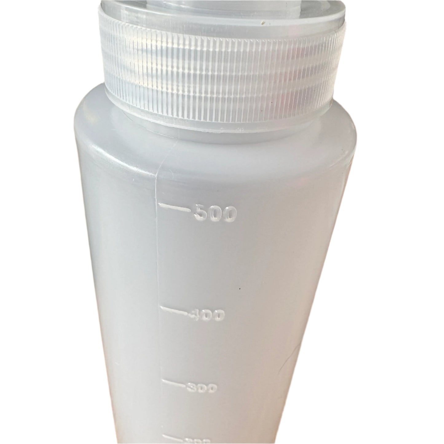 Clear plastic bottle with white cap on a wooden surface
