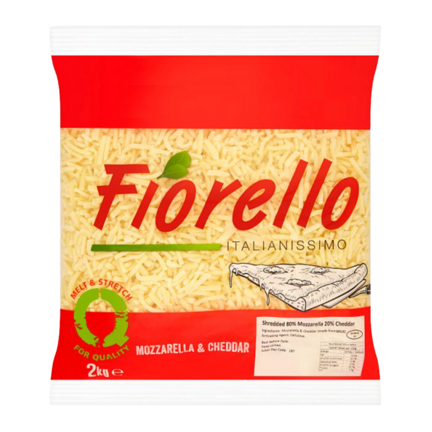 Fiorello mozzarella and cheddar cheese packaging on a white background