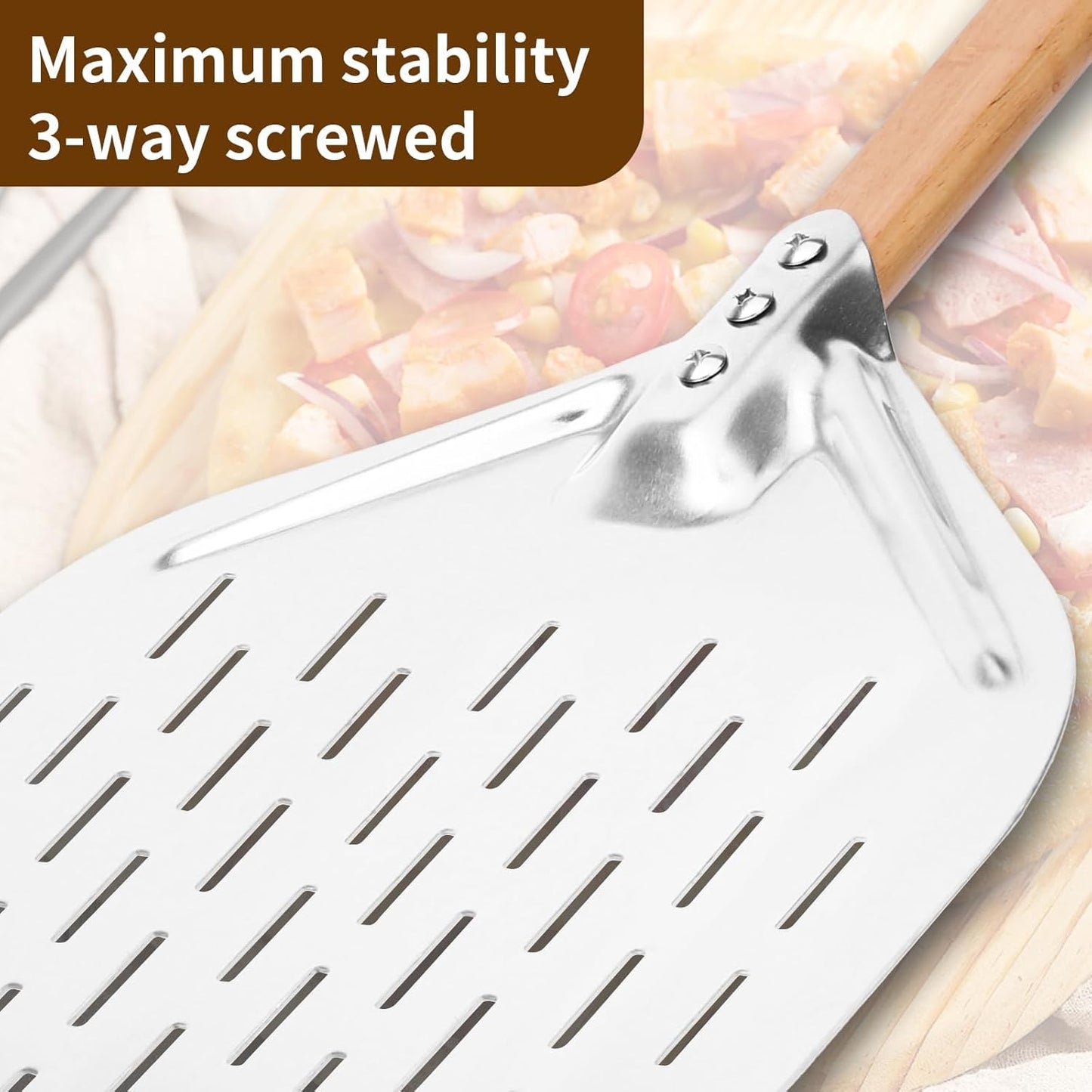 Pizza Peel 12 inch - Perforated Aluminium Pizza Paddle - Wooden Handle