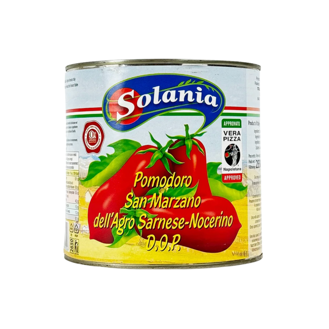 Can of Rega brand San Marzano tomatoes on a white background