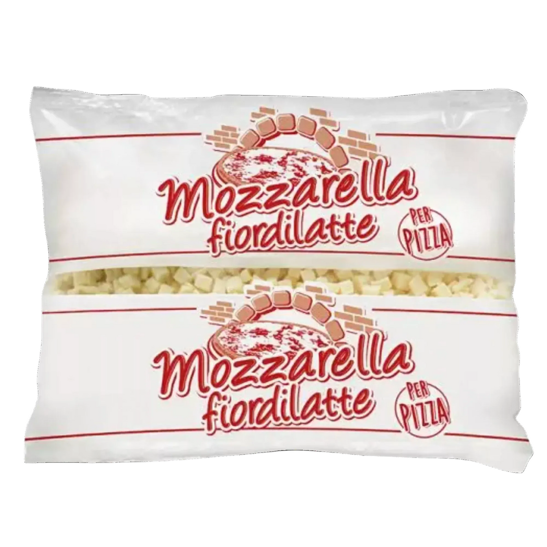 Package of Mozzarella fiordilatte for pizza with red and white design.