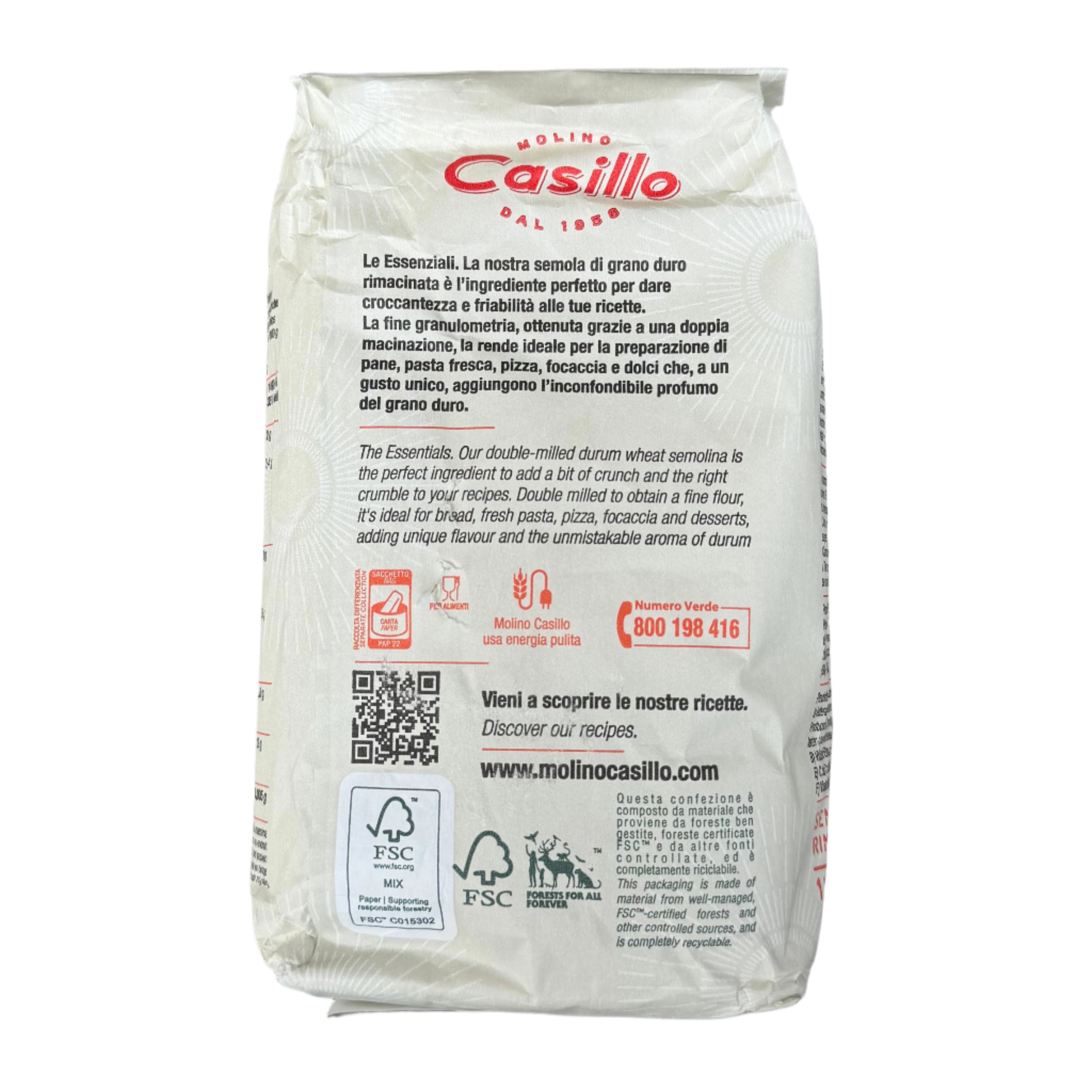 Casillo Semola Rimacinata - Semolina - 1kg Bags - for pizzas