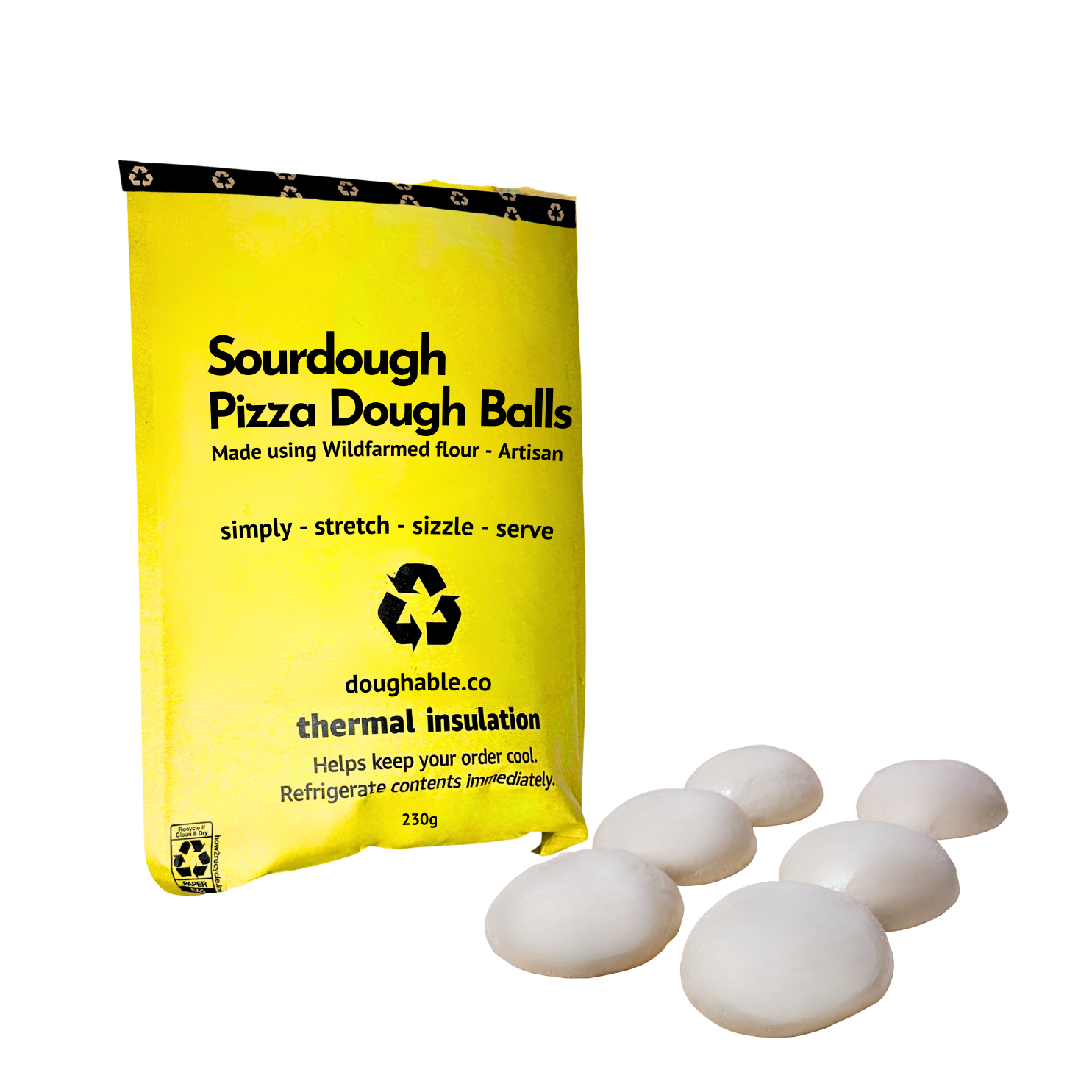 Bag of sourdough pizza dough balls with packaging on a white background