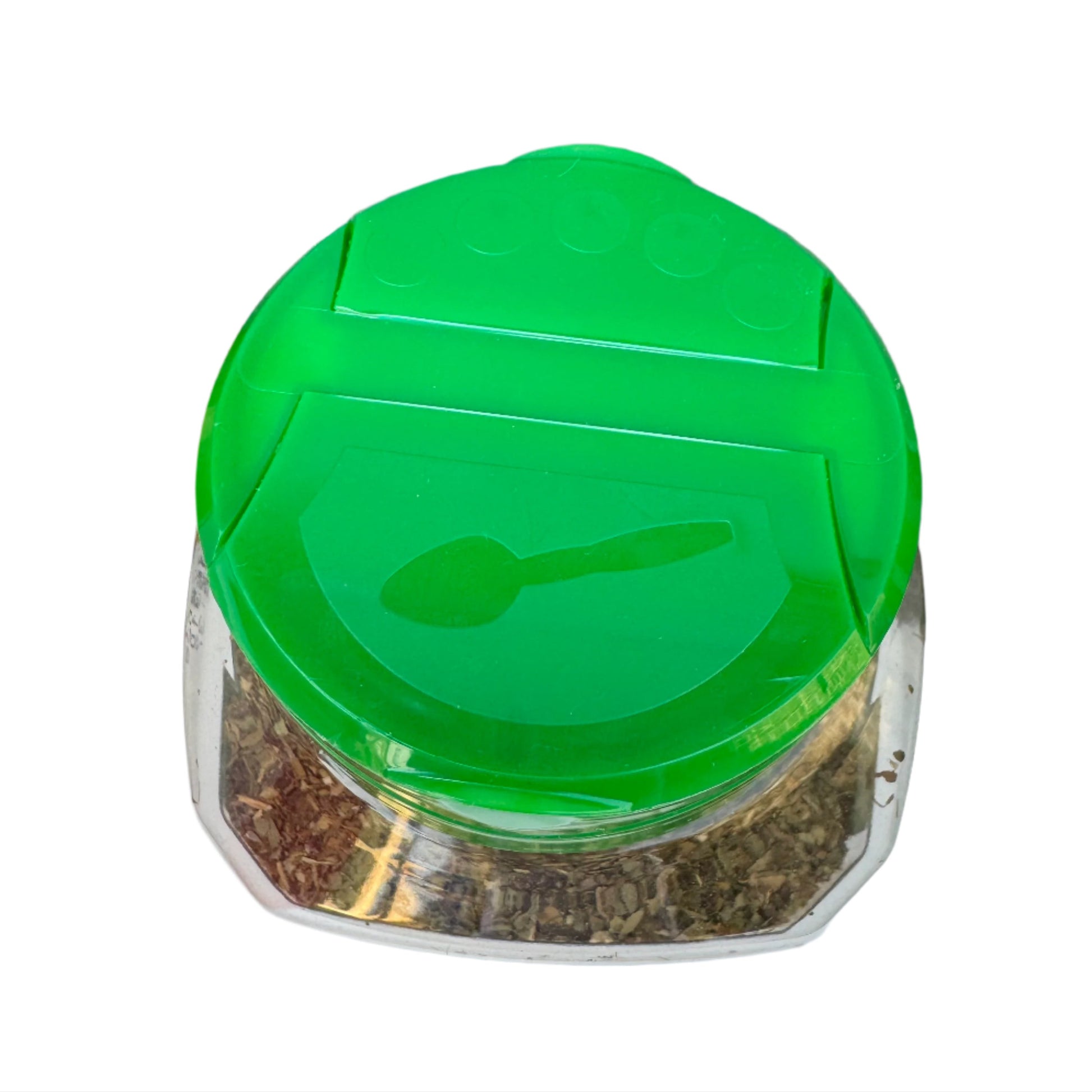 Green-lidded container with a spoon icon on a white surface