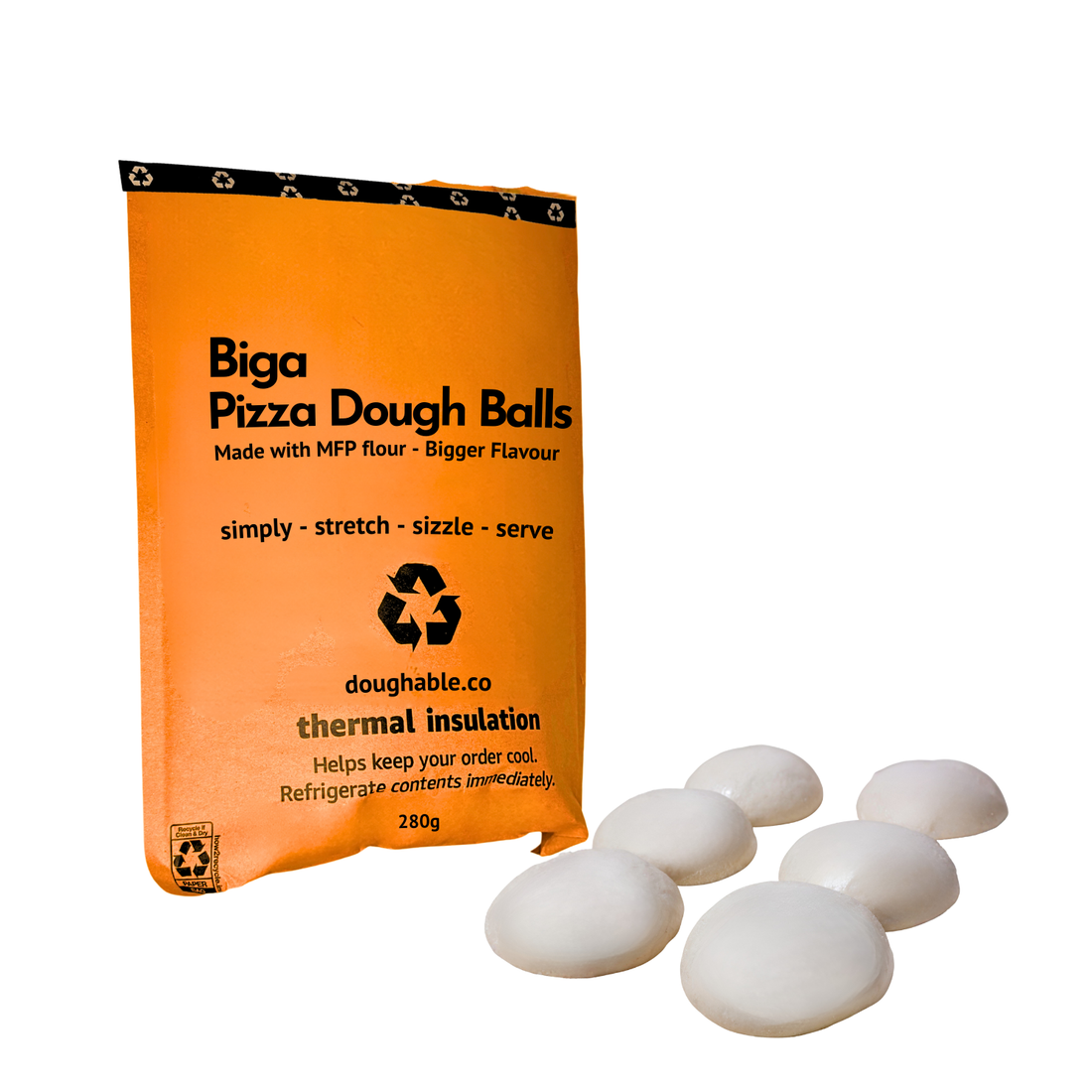 Packaging of Biga Pizza Dough Balls with a few dough balls in front on a white background