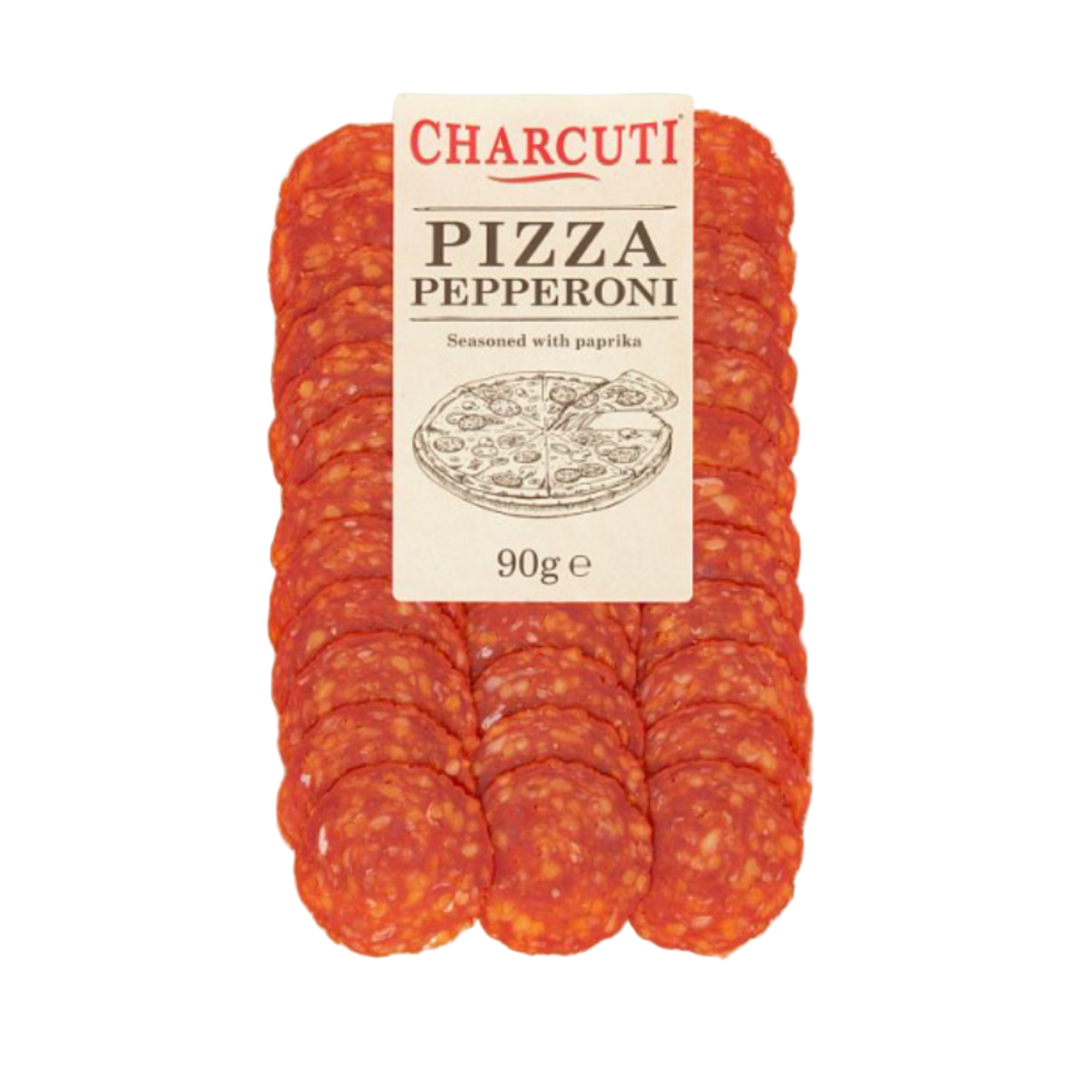 Packaged pizza pepperoni slices with Charcuti branding on a white background