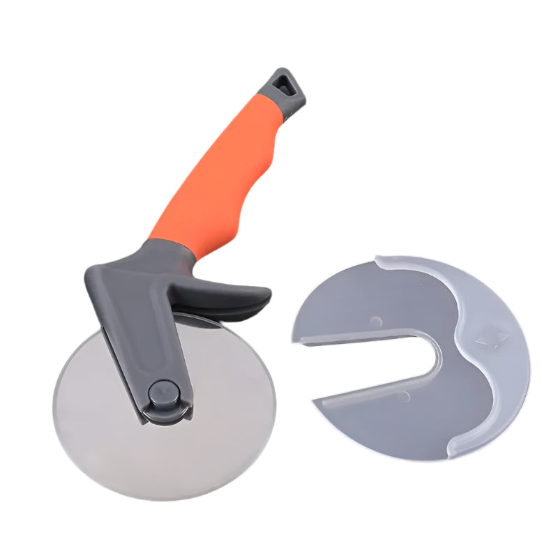 Pizza cutter with an additional blade on a dark surface next to a pizza.