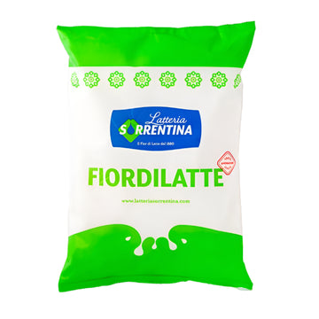 A packaged product labeled 'Latteria Sorrentina Fior di Latte' with julienne cut mozzarella, weight 2kg, predominantly green and white design.