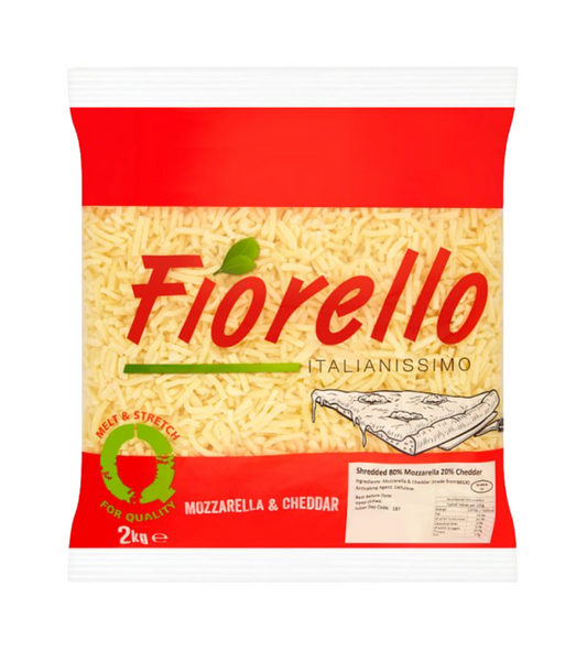 Fiorello mozzarella and cheddar cheese packaging on a white background