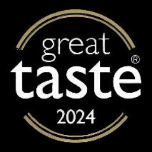 A circular black graphic with the words 'great taste 2024' in white and thin tan curved lines framing the design.