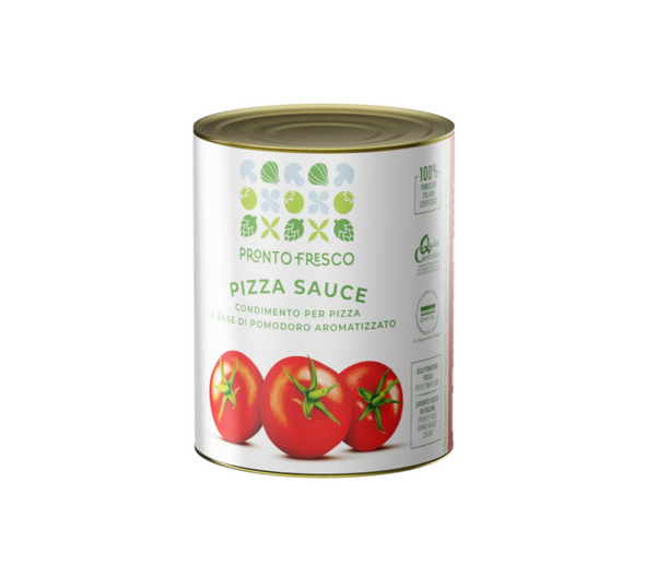 A can of Pronto Fresco Greci Pizza Sauce with a picture of tomatoes on the label.