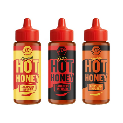 JD's Hot Honey Sauce - For Drizzling on Pizzas, Pastas - Jalapeno, Habanero, and Chipotle Infused Flavours