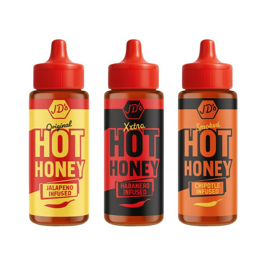 JD's Hot Honey Sauce - For Drizzling on Pizzas, Pastas - Jalapeno, Habanero, and Chipotle Infused Flavours