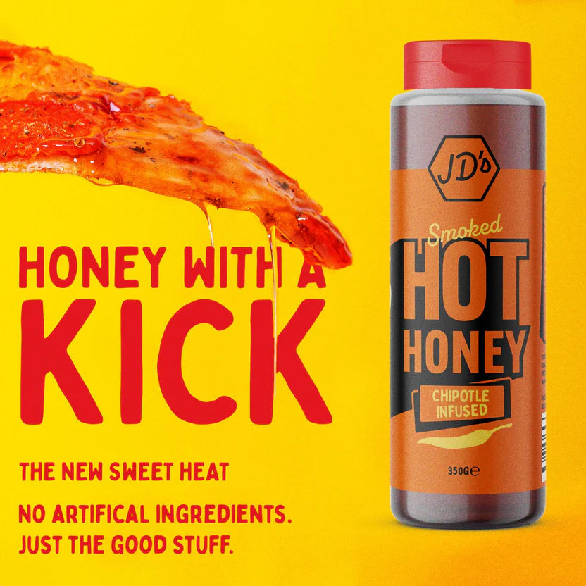 JD's Hot Honey Sauce - For Drizzling on Pizzas, Pastas - Jalapeno, Habanero, and Chipotle Infused Flavours