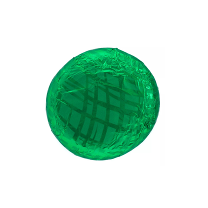 Green chocolate candy with foil wrapping on a white background