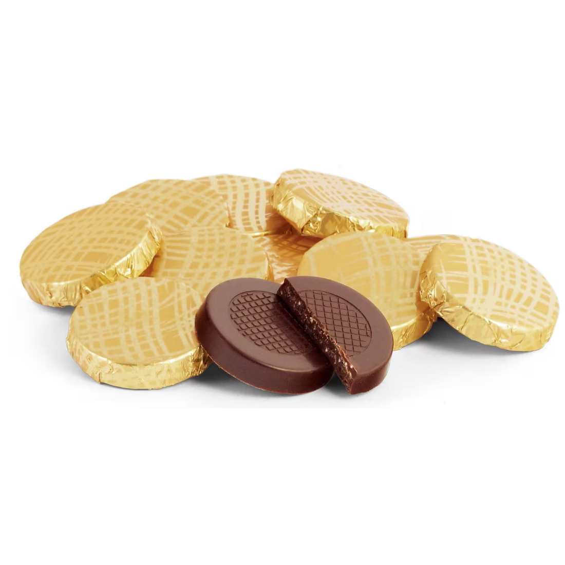 Gold-wrapped chocolate coins with a couple of unwrapped ones on a white background