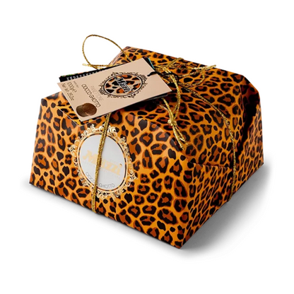 Muzzi Chocolate Chip Panettone 1kg - PREORDER – a hand-wrapped Italian festive cake in leopard print, perfect for Christmas, gifting, and celebrations