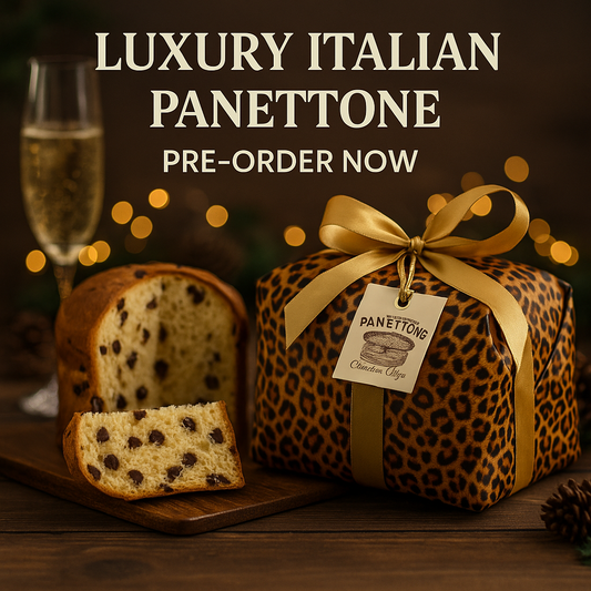 Muzzi Chocolate Chip Panettone 1kg - PREORDER – a hand-wrapped Italian festive cake in leopard print, perfect for Christmas, gifting, and celebrations