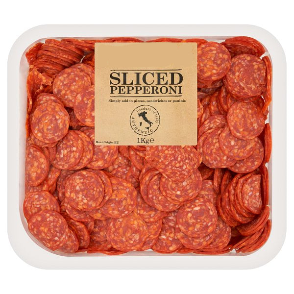 Packaged sliced pepperoni with Charcuti label on a white background
