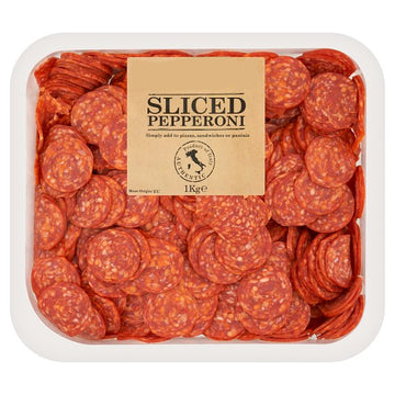 Packaged sliced pepperoni with Charcuti label on a white background