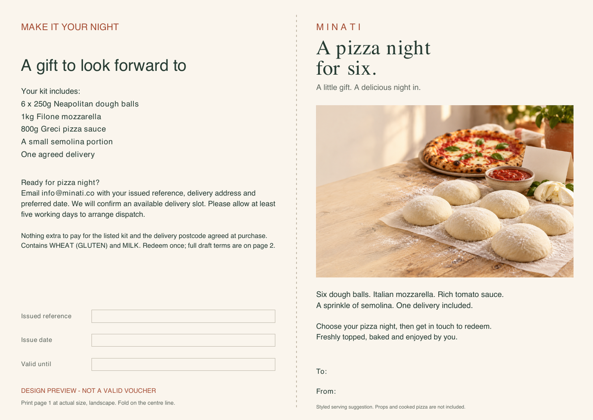 Preview of Minati printable, foldable Pizza Night for Six gift voucher, showing the six-pizza kit contents and redemption instructions without a price. Design sample only; not a valid issued voucher.