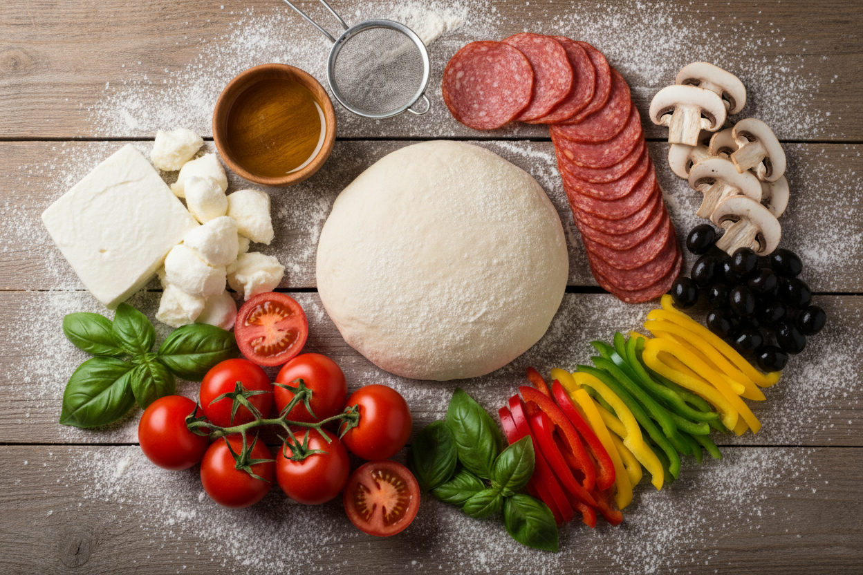 pizza ingredients laid out on a table