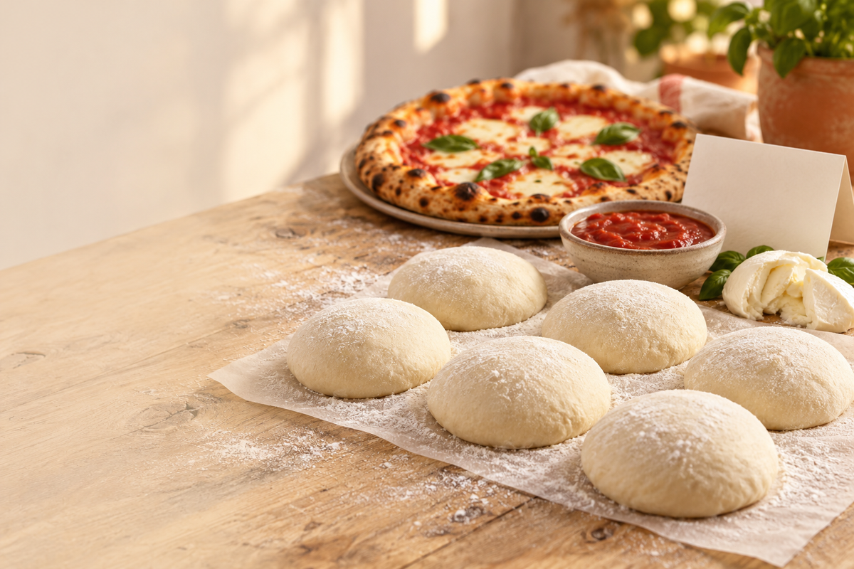 Styled pizza-night serving suggestion: six uncooked dough balls with tomato sauce and mozzarella, with a cooked pizza and blank gift card behind. Props and cooked pizza are not included.
