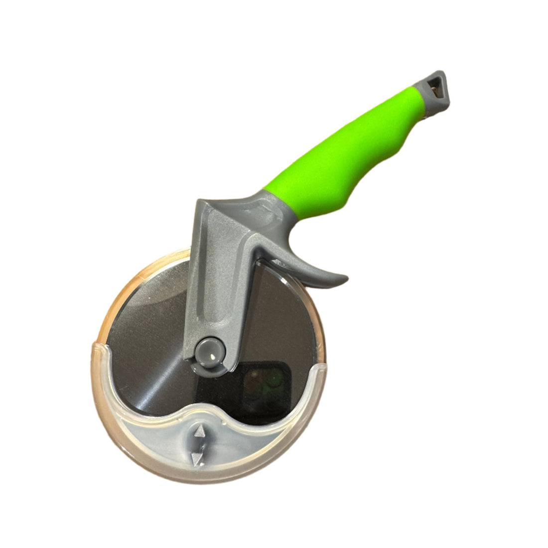 Pizza cutter with an additional blade on a dark surface next to a pizza.