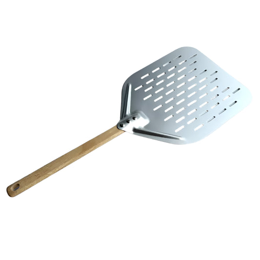 Metal pizza peel with wooden handle on a white background