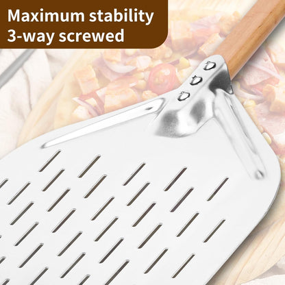 Pizza Peel 12 inch - Perforated Aluminium Pizza Paddle - Wooden Handle