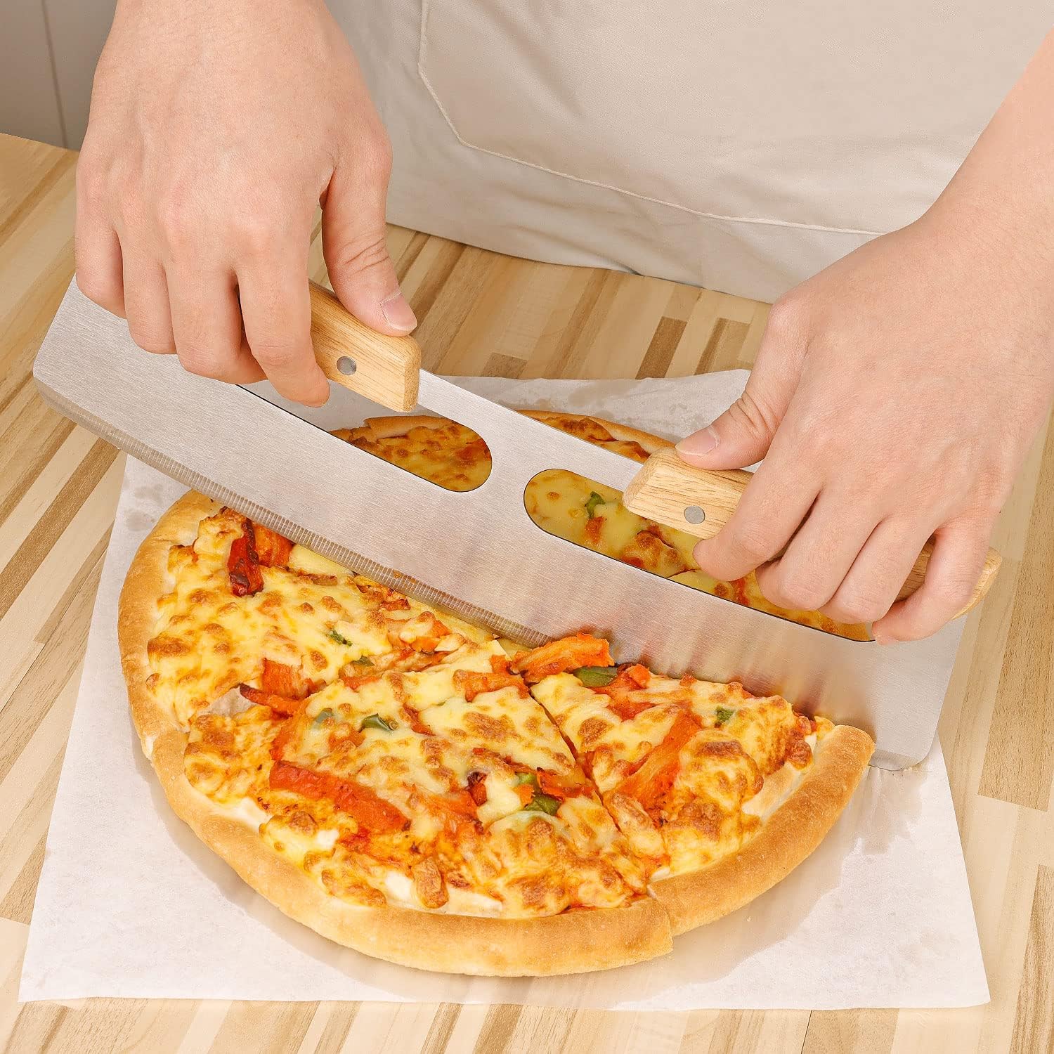 Pizza Cutter Rocker - Stainless Steel - Wooden Handle