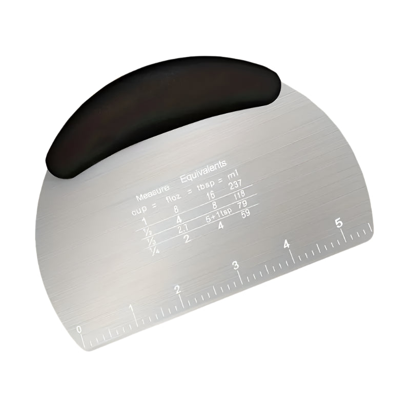 Metal measuring tool with black handle on a white background