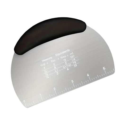 Metal measuring tool with black handle on a white background