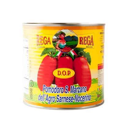 Can of Rega brand San Marzano tomatoes on a white background