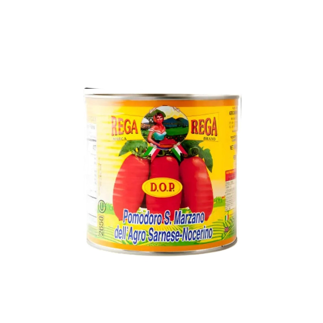 Can of Rega brand San Marzano tomatoes on a white background